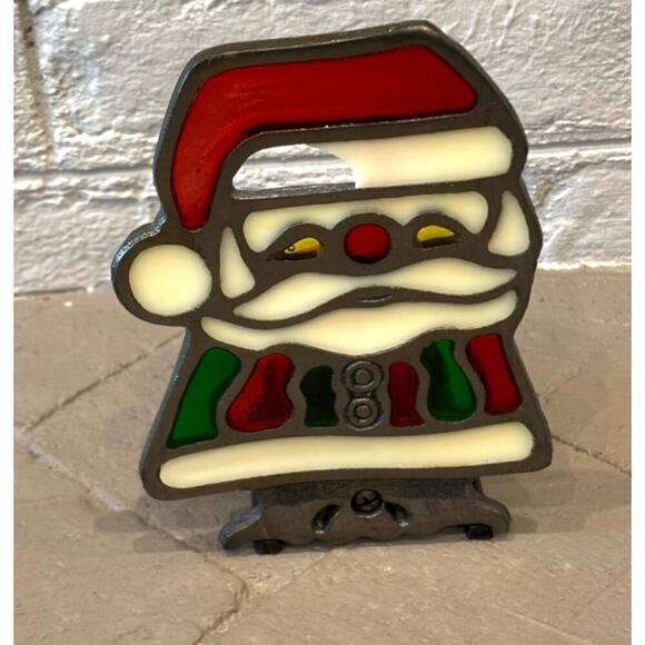 Vintage Christmas Tealight Candle Holder Santa Claus Stained Glass - Picture 1 of 9